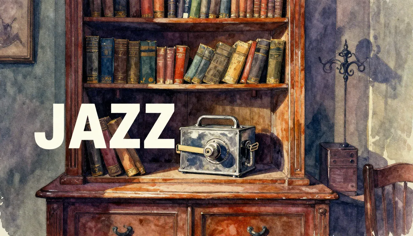 Vibrant watercolor style. Vintage jazz album cover, mysterio...