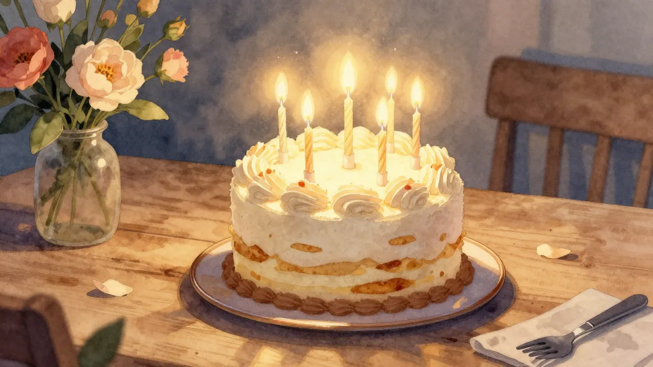 Watercolor style. A beautiful birthday cake with glowing can...