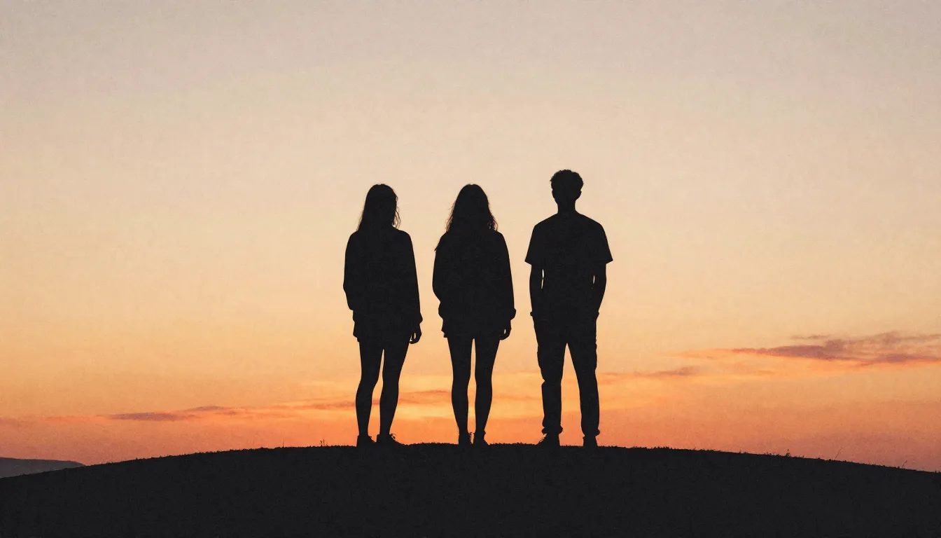 Watercolor style. Silhouettes of three friends standing on a...