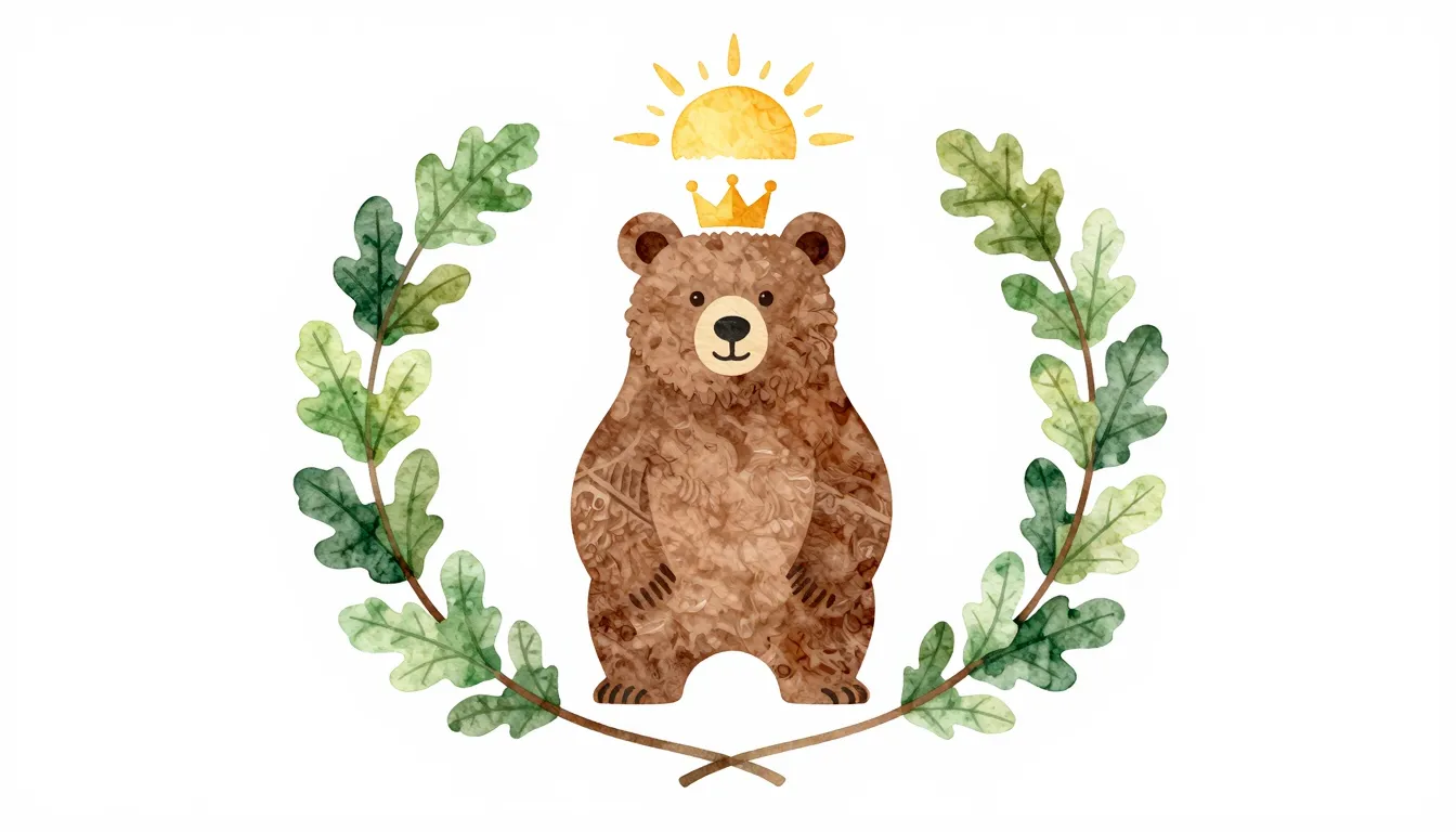 Watercolor style. Family emblem, a friendly brown bear silho...