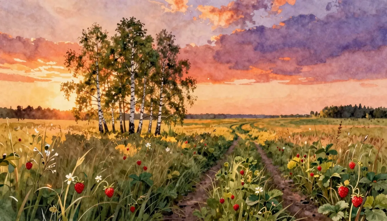 Watercolor style. A vast Russian field at sunset, golden hou...