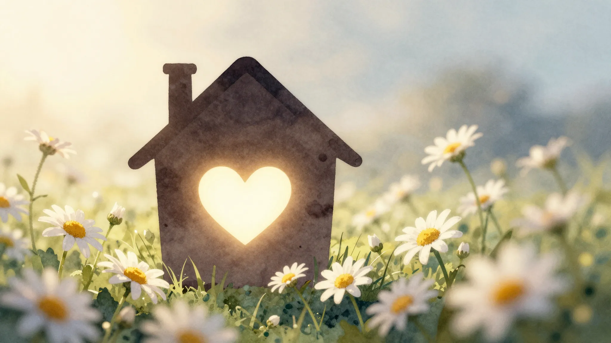 Watercolor style. A cozy house silhouette with a glowing hea...