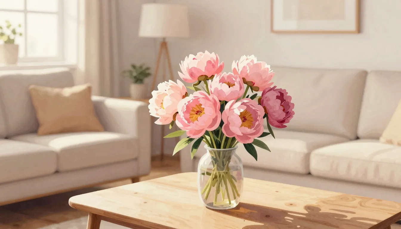 Watercolor style. A cozy sunlit living room with a bouquet o...
