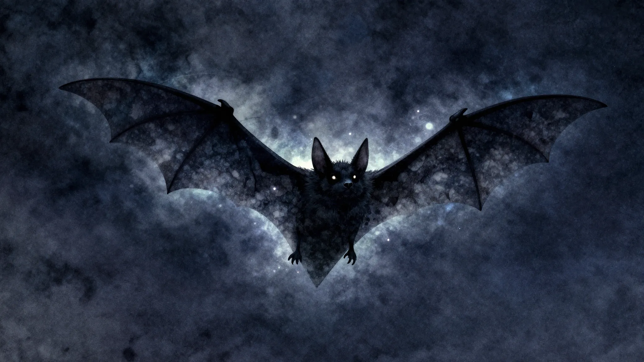 Watercolor style. A silhouette of a bat flying in the dark n...