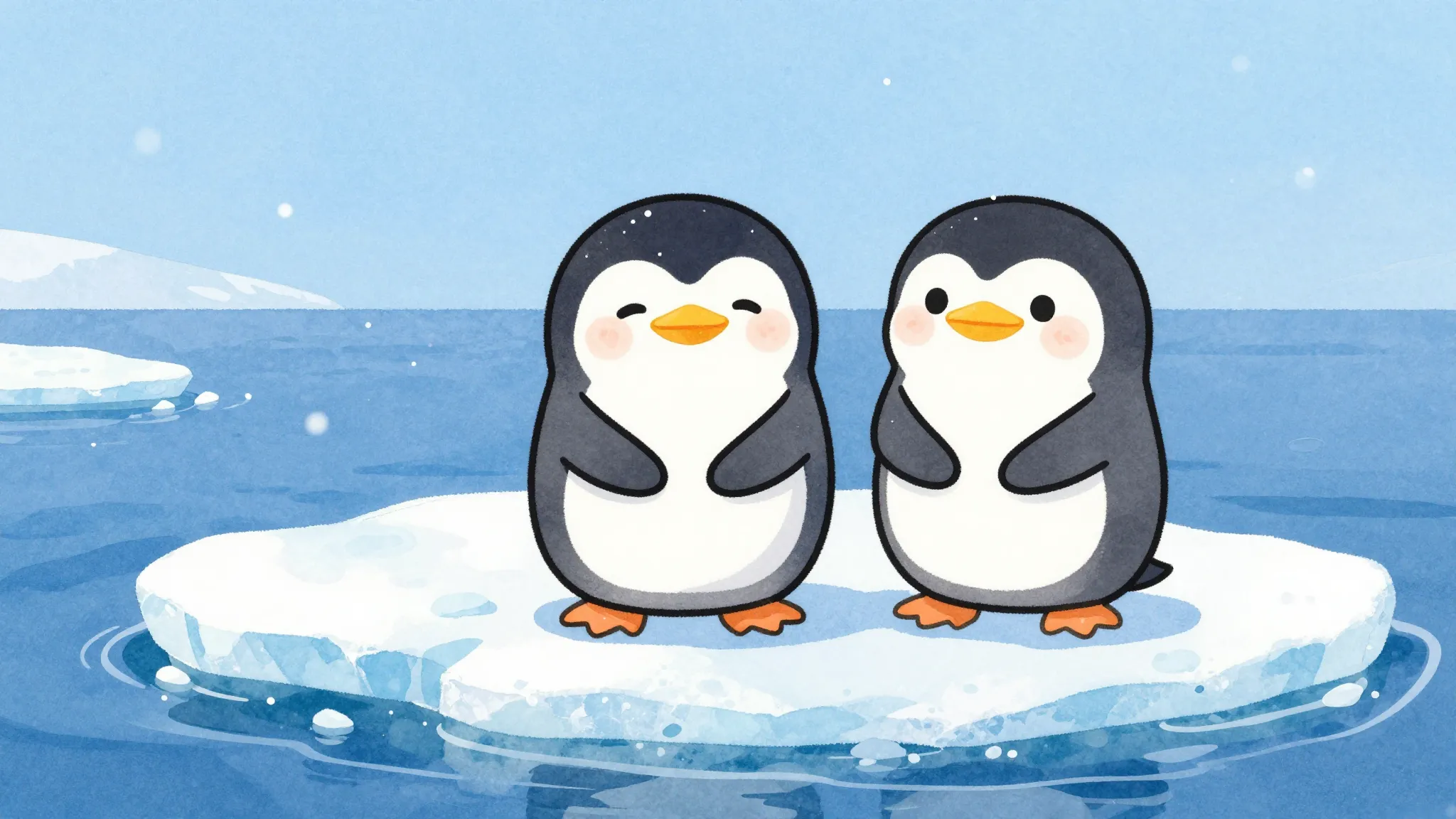 Watercolor style. Three cute penguins standing together on a...