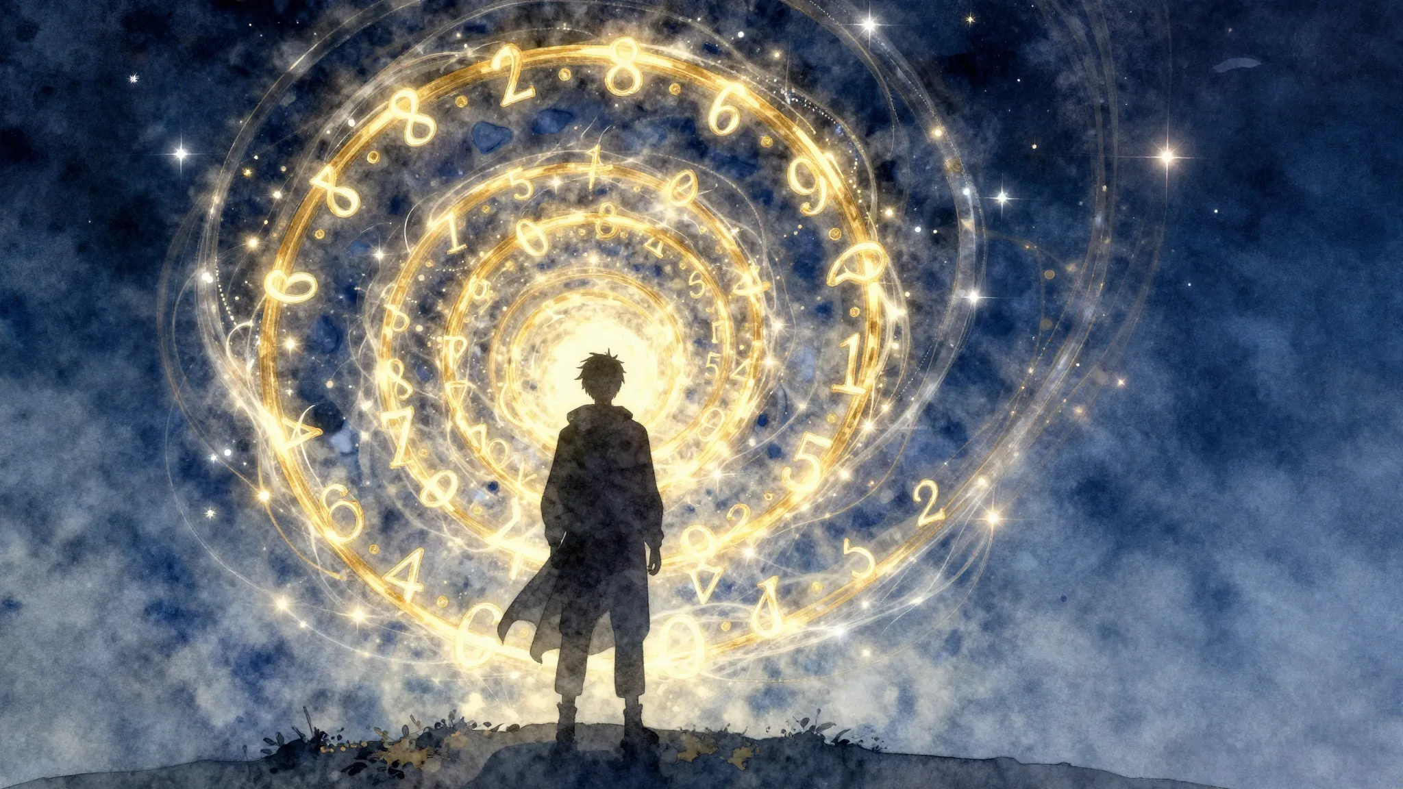 Watercolor style. A dark silhouette of a person standing bef...