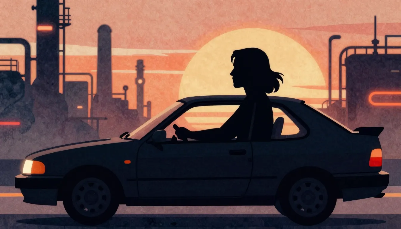 Watercolor style. Silhouette of a long-haired man driving a ...