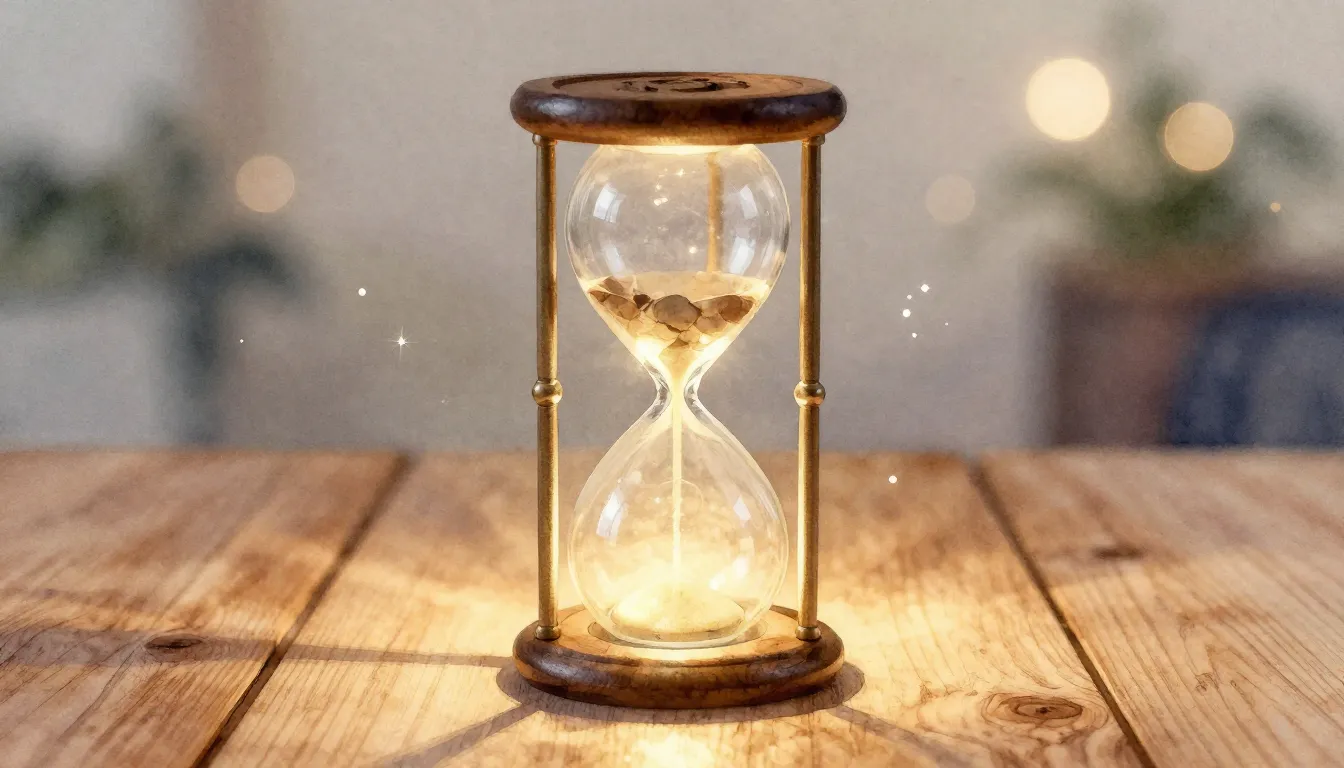 Watercolor style. A glowing hourglass on a wooden table, sur...