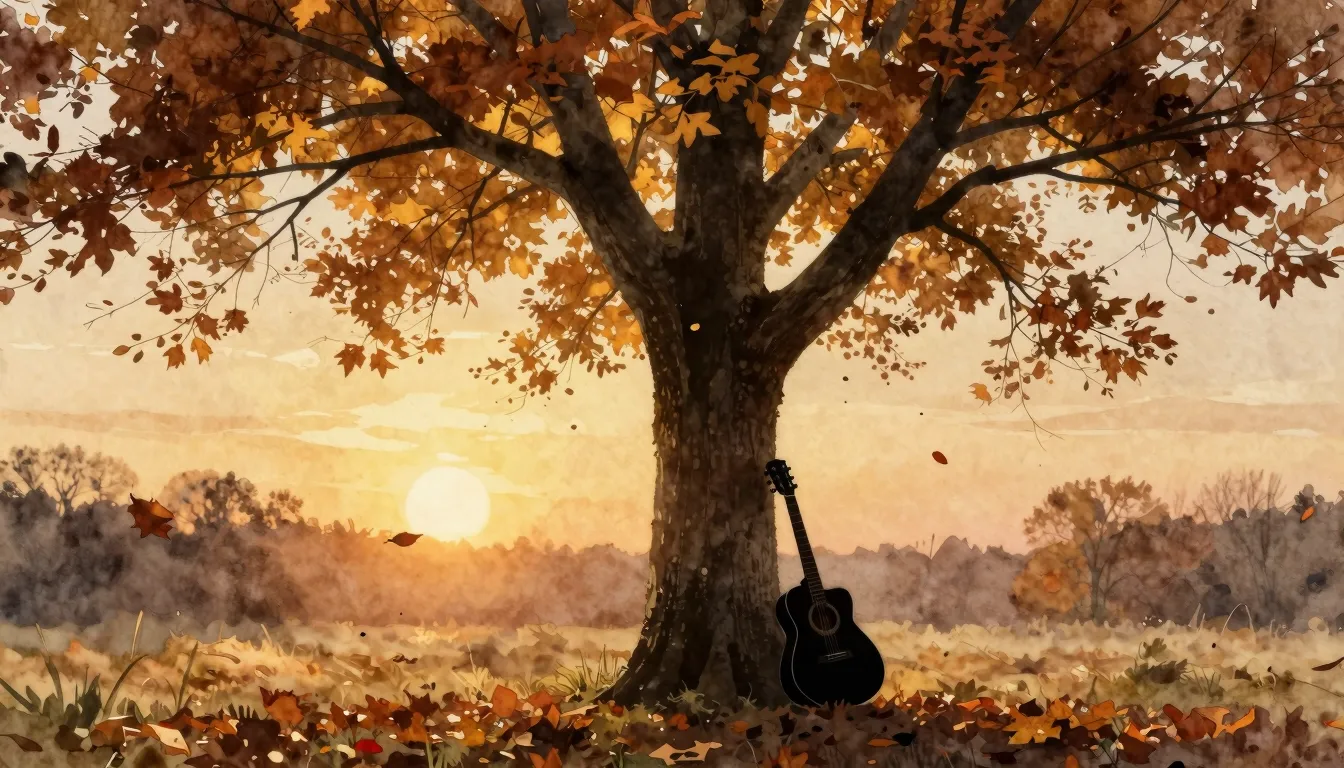 Watercolor style. Silhouette of a solitary tree in an autumn...