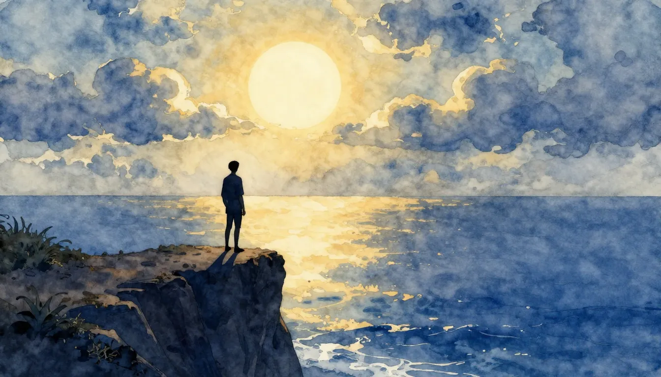 Watercolor style. A silhouette of a lone figure standing on ...