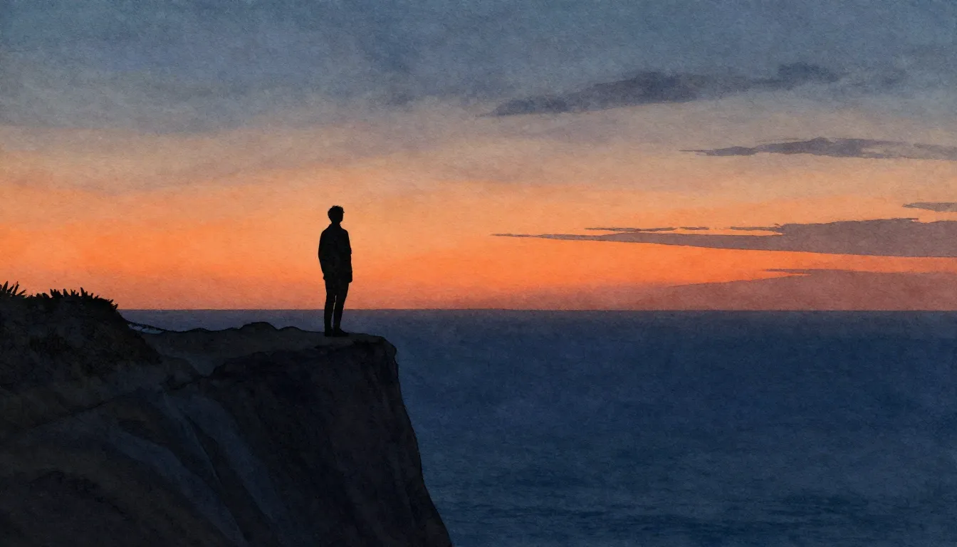 Watercolor style. A lonely silhouette of a person standing o...