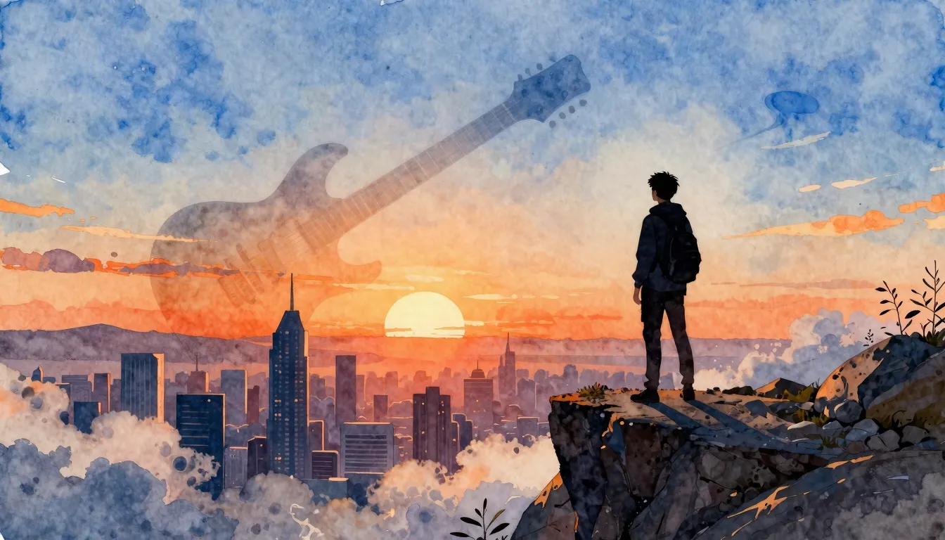 Watercolor style. Silhouette of a person standing on a cliff...