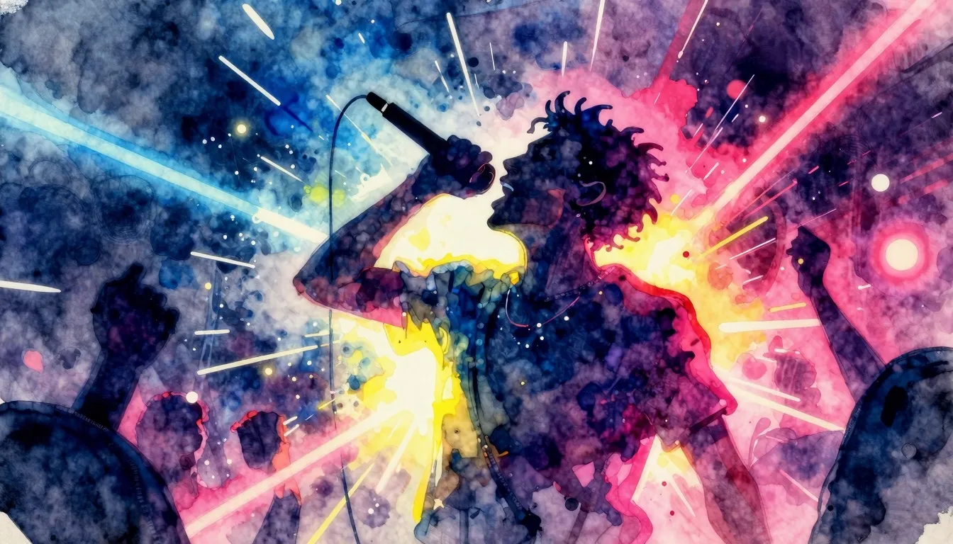 Vibrant watercolor style. Dynamic rap album cover. A powerfu...