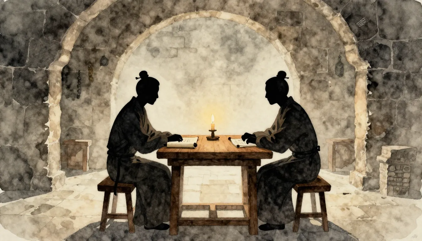 Watercolor style. Two silhouettes of people in long traditio...