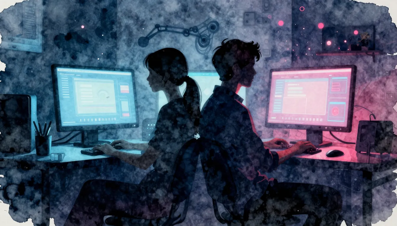 Watercolor style. Silhouettes of two figures sitting back to...