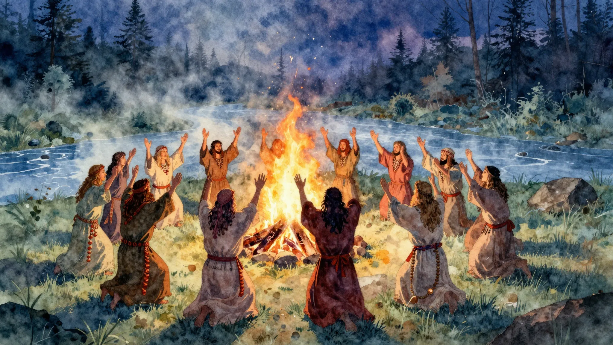 Vibrant watercolor style. Rock opera album cover. Ancient Sl...