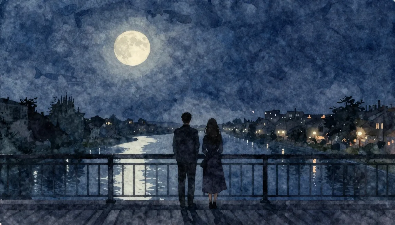 Watercolor style. Two dark silhouettes of a couple standing ...