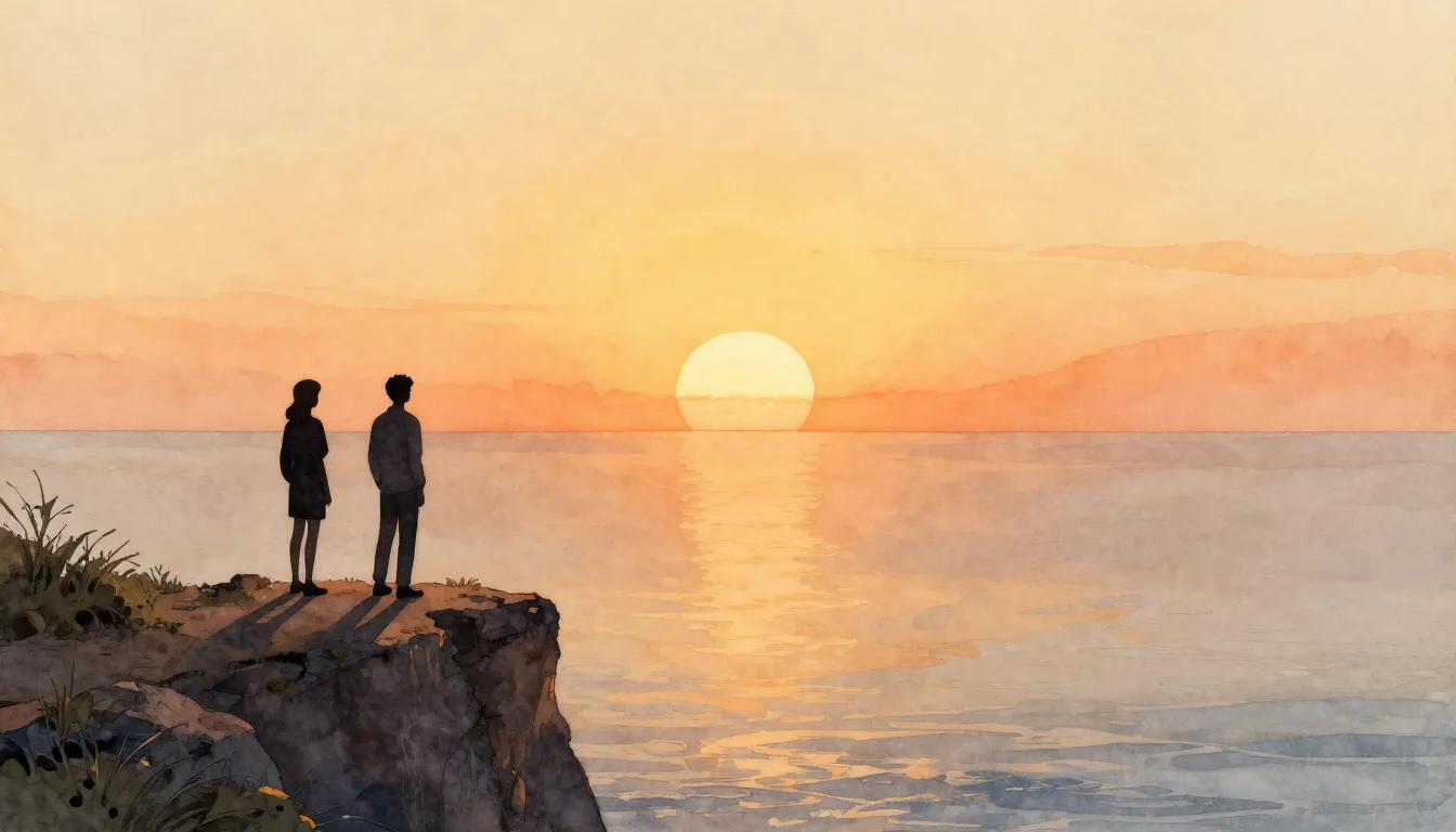 Watercolor style. Two dark silhouettes standing on a high cl...