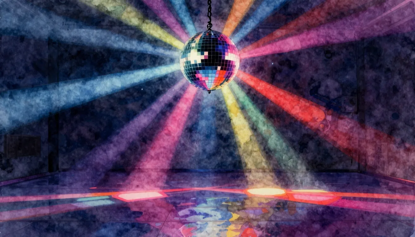 Watercolor style. A silhouette of a disco ball hanging from ...