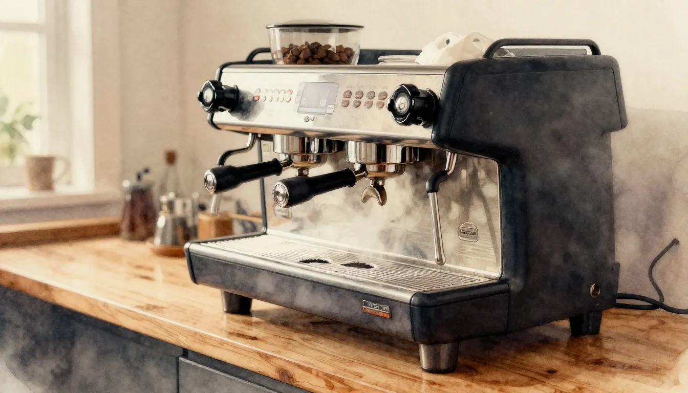 Watercolor style. Professional large espresso machine on a c...