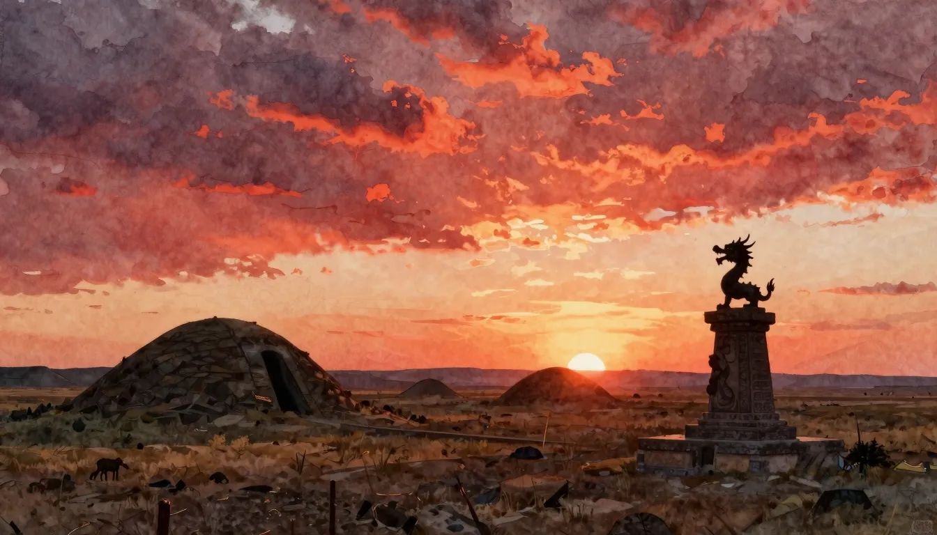 Watercolor style. Expansive steppe landscape at sunset, silh...