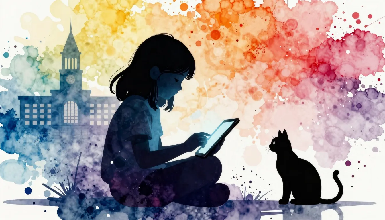 Watercolor style. Silhouette of a young girl sitting with a ...
