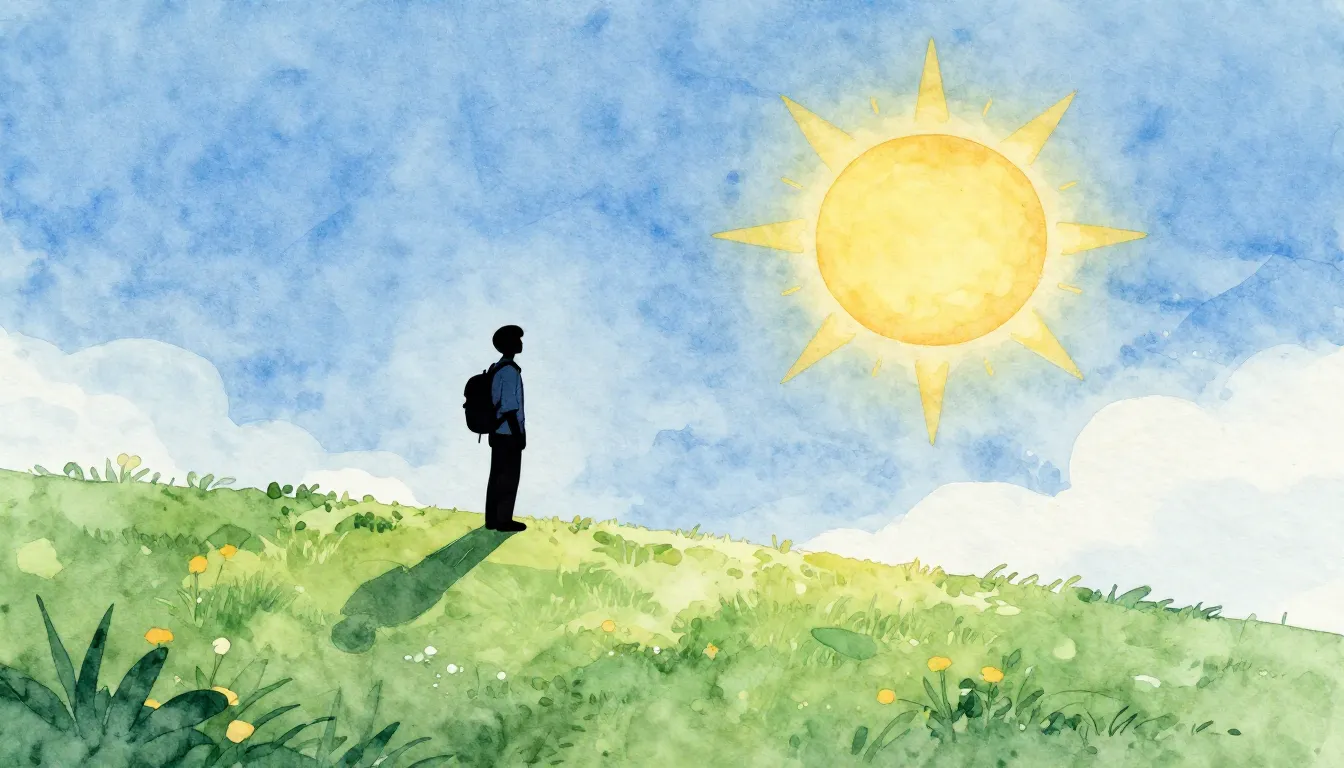 Watercolor style. A silhouette of a lonely traveler standing...