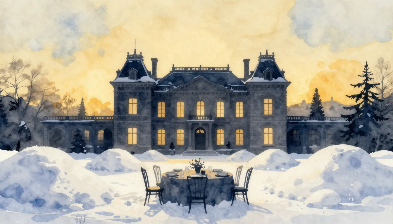 Watercolor style. Silhouette of an old city estate during wi...