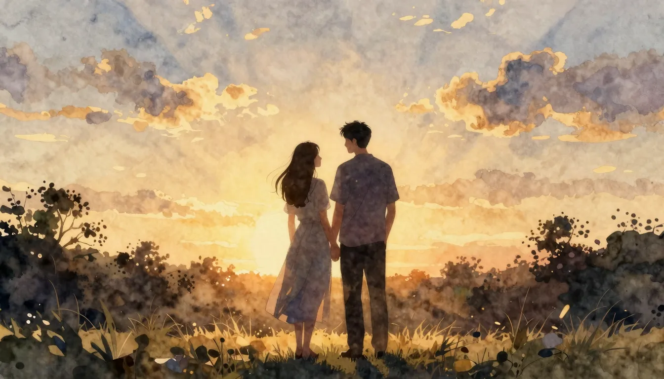 Watercolor style. Silhouette of a couple standing together u...