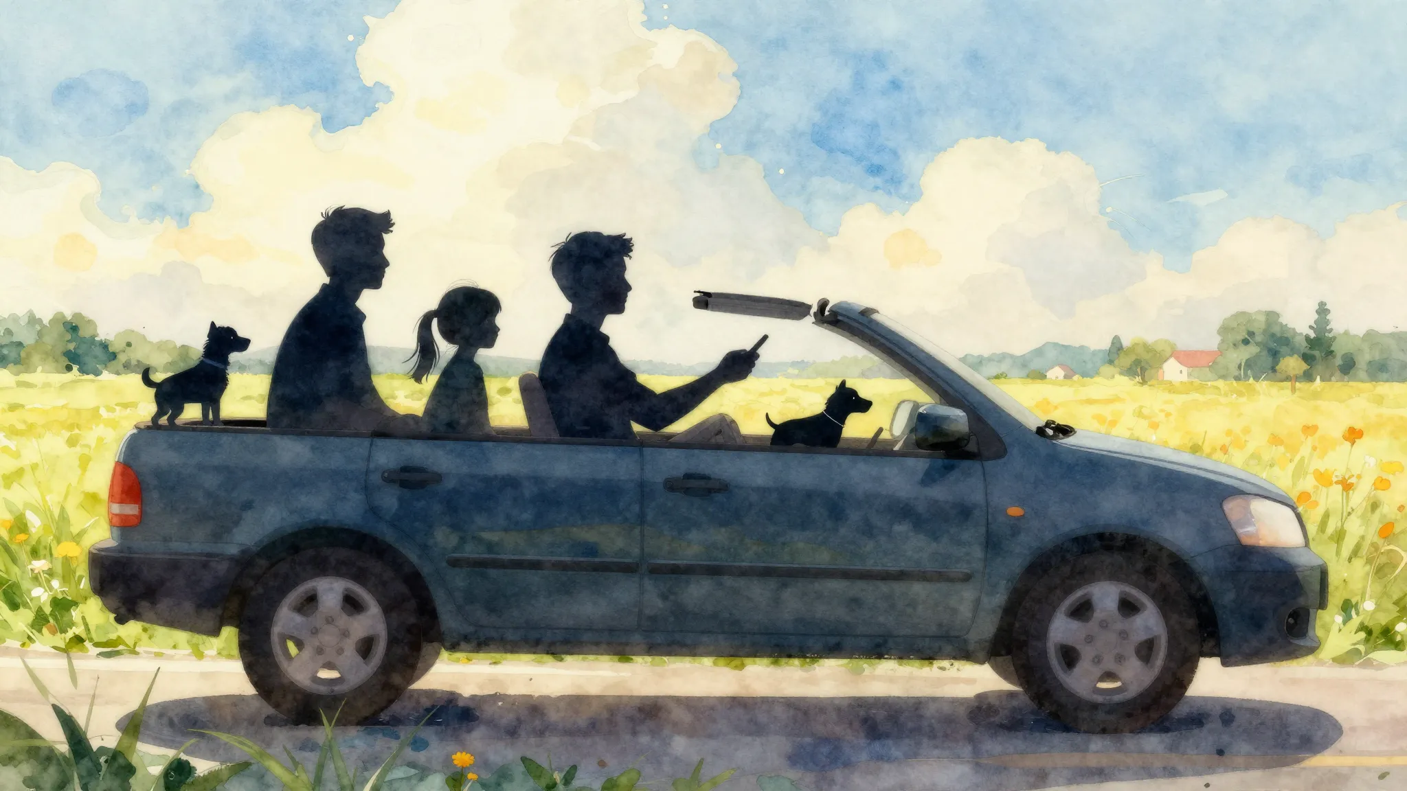 Watercolor style. Silhouettes of a family of three and a sma...