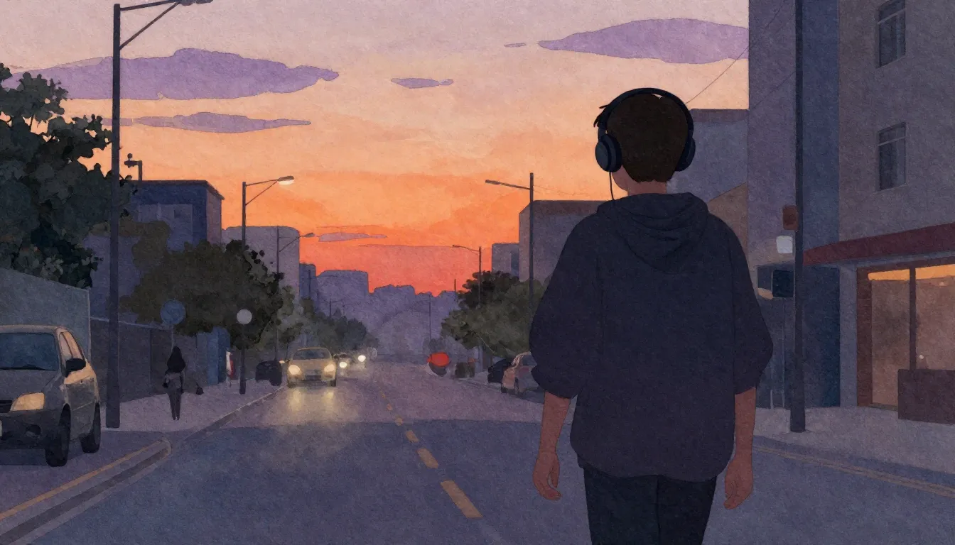 Watercolor style. Lo-fi aesthetic city street at sunset, war...