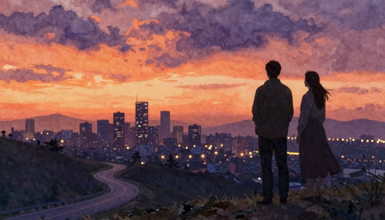 Watercolor style. A silhouette of a man and a woman standing...