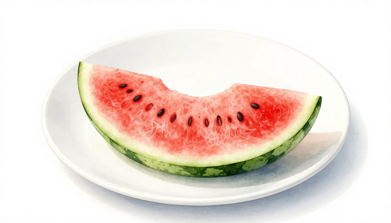 Watercolor style. A single crescent-shaped slice of watermel...