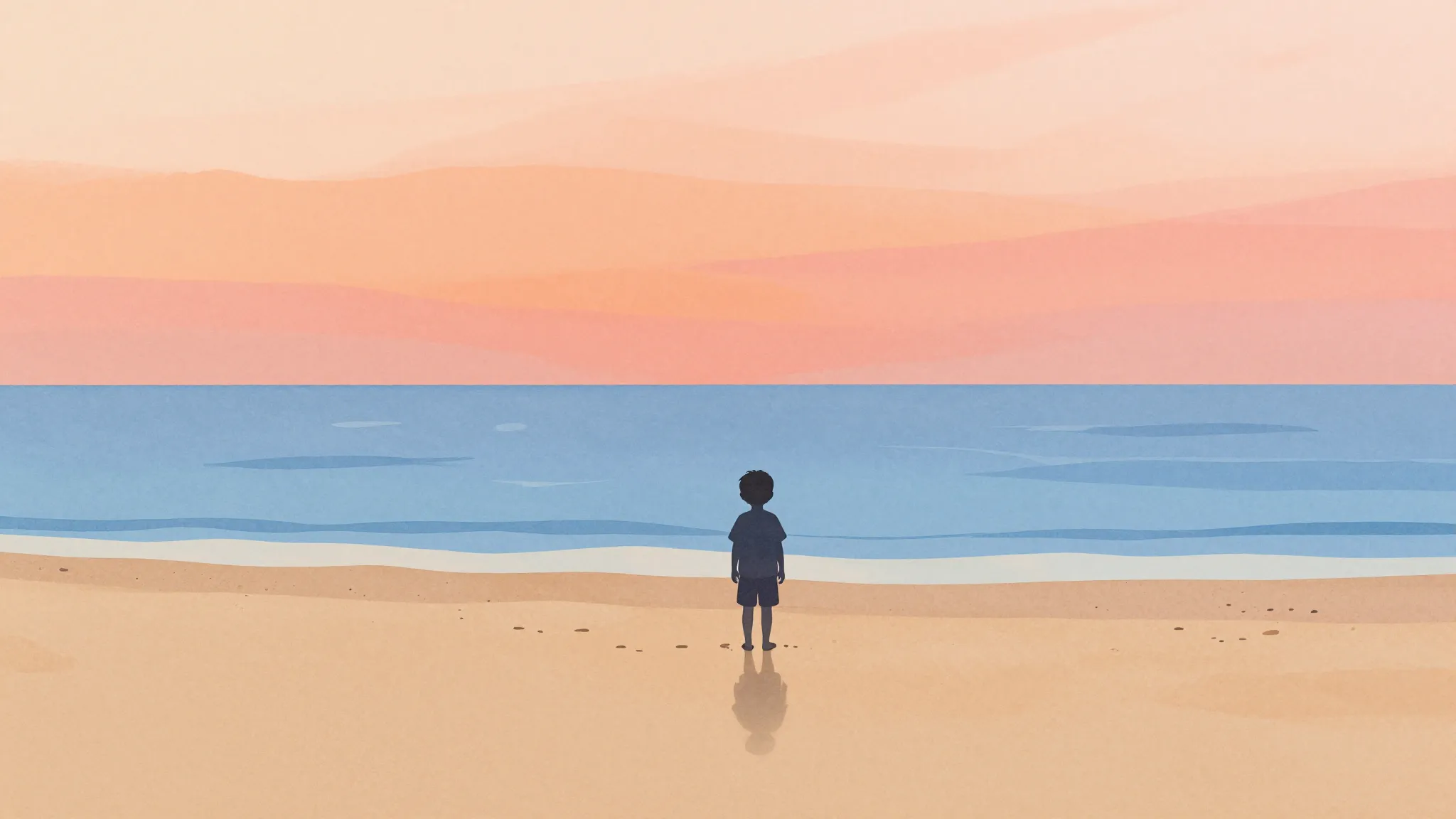 Watercolor style. A silhouette of a small child standing on ...