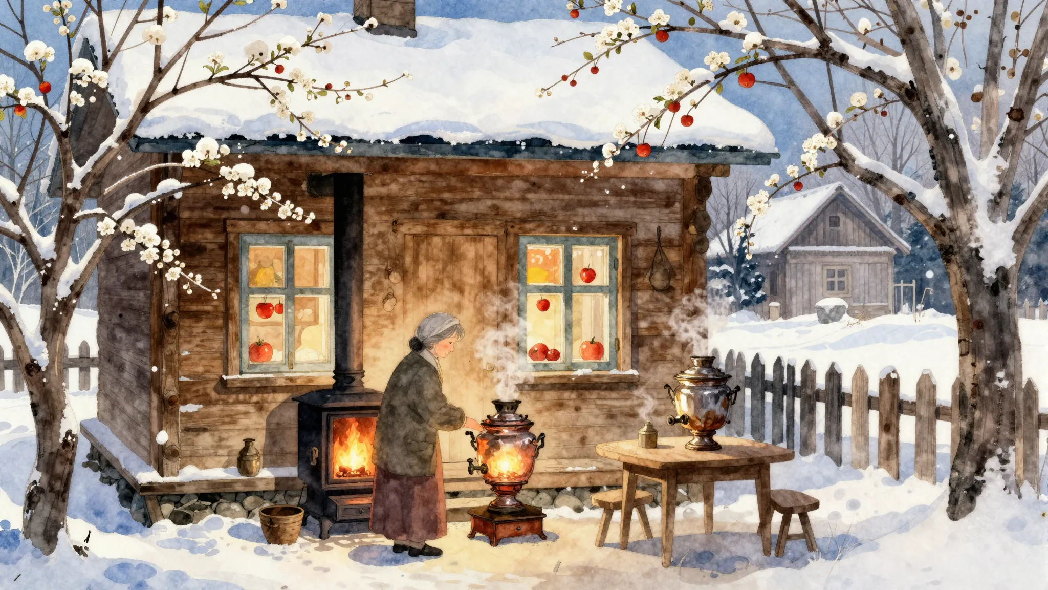 Watercolor style. A cozy wooden house in a snowy landscape, ...
