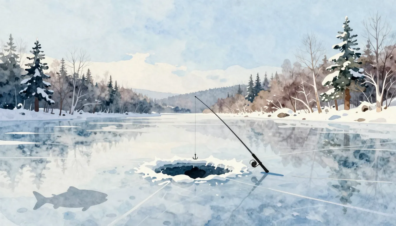 Watercolor style. A serene winter landscape, a frozen lake w...