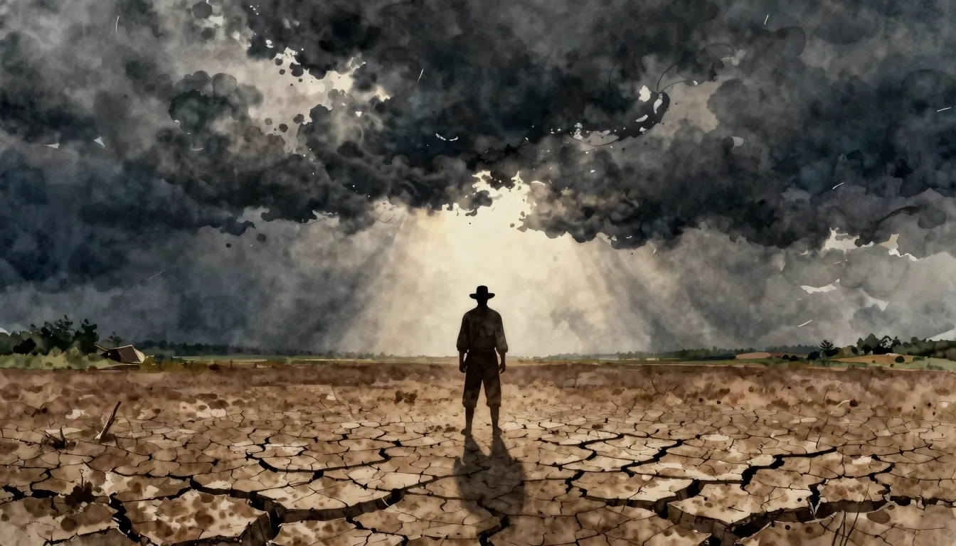 Watercolor style. Epic silhouette of a lone farmer standing ...