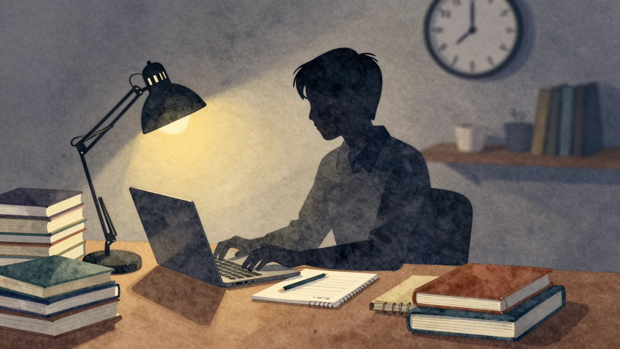 Watercolor style. Silhouette of a teacher sitting at a desk ...