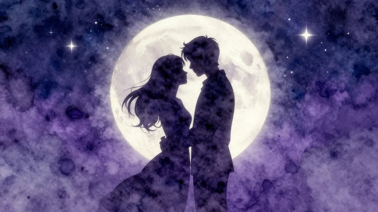 Watercolor style. Silhouette of two lovers embracing under a...
