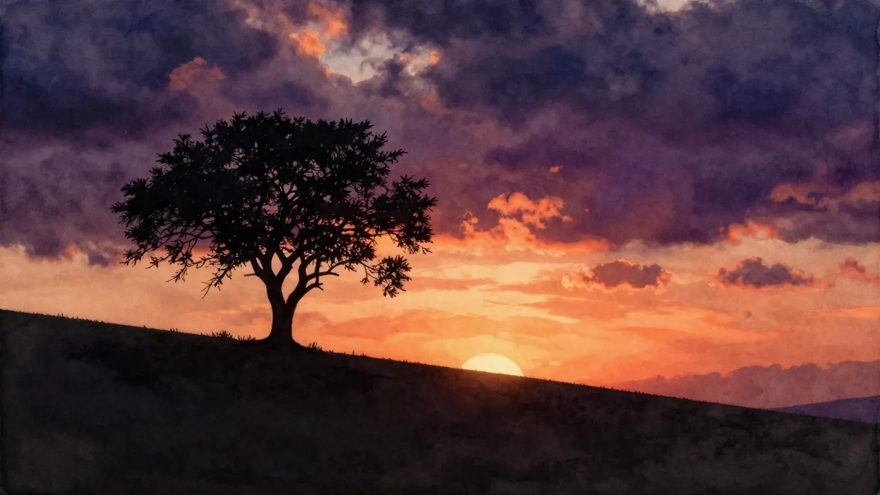 Watercolor style. A silhouette of a lonely tree on a hill du...