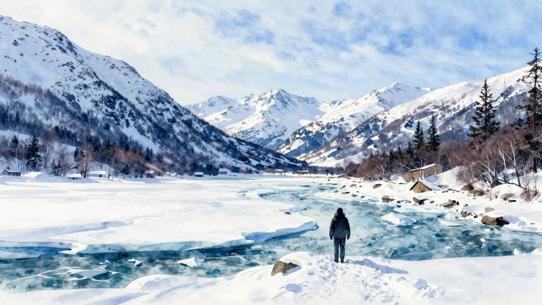 Vibrant watercolor style. Northern landscape, snow-covered m...