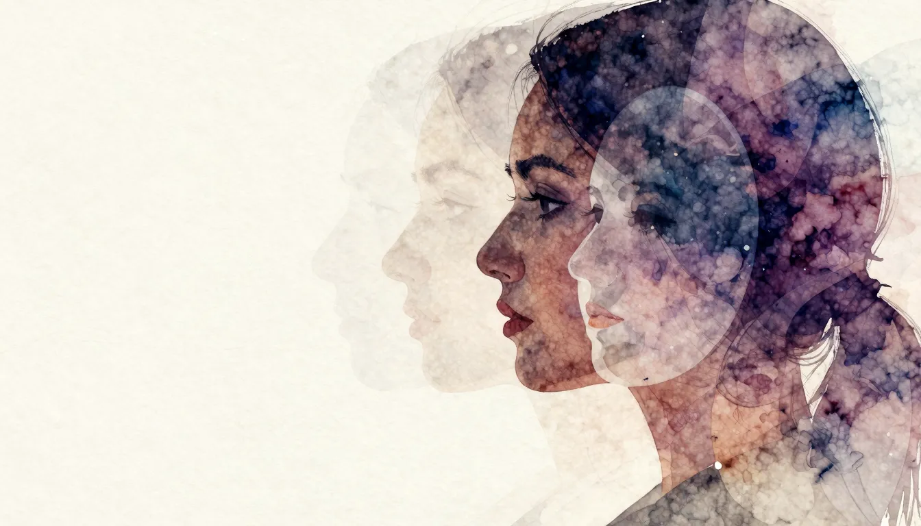 Watercolor style. A silhouette of a woman's face, with multi...