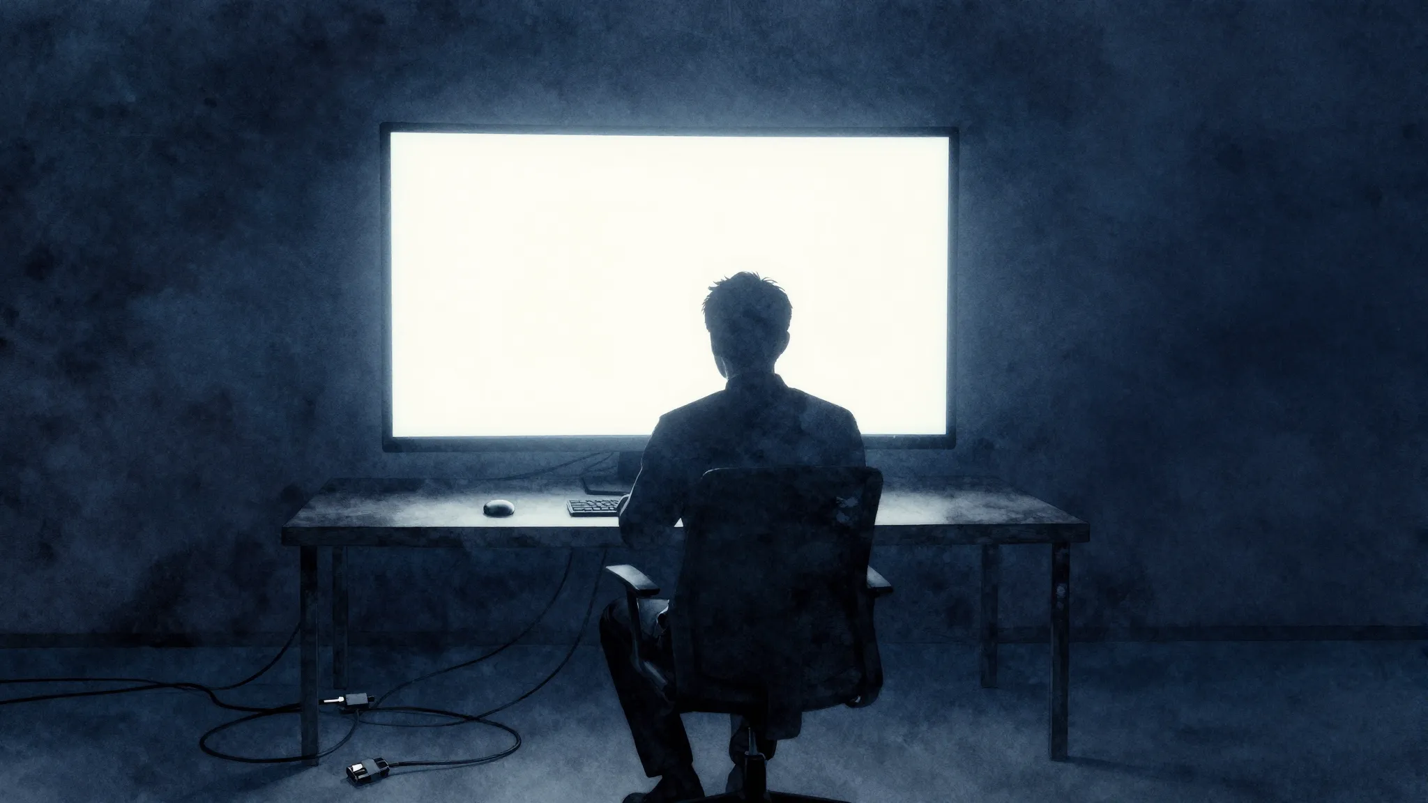 Watercolor style. A dark room with a glowing empty computer ...