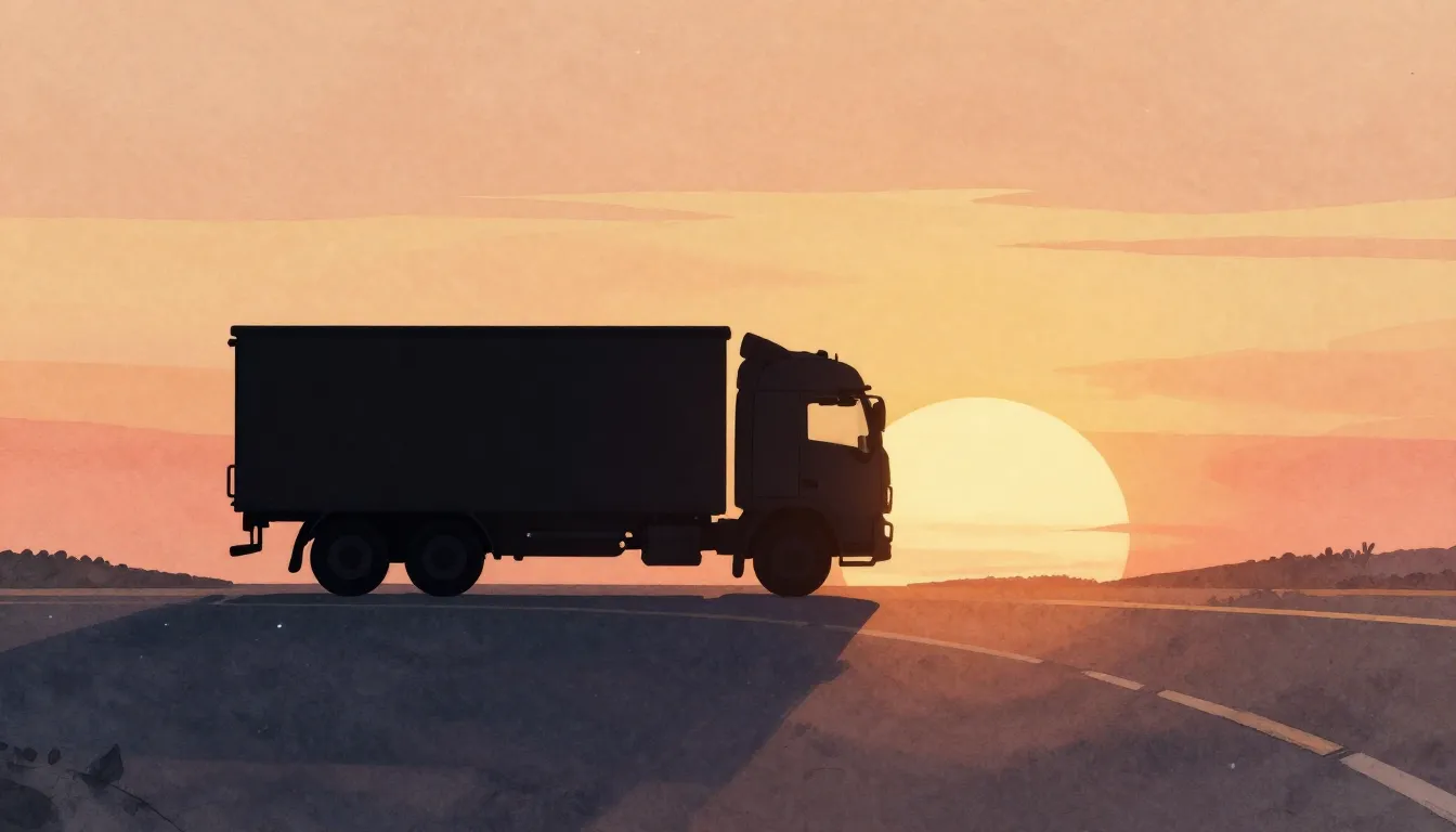 Watercolor style. Silhouette of a large truck on a winding r...