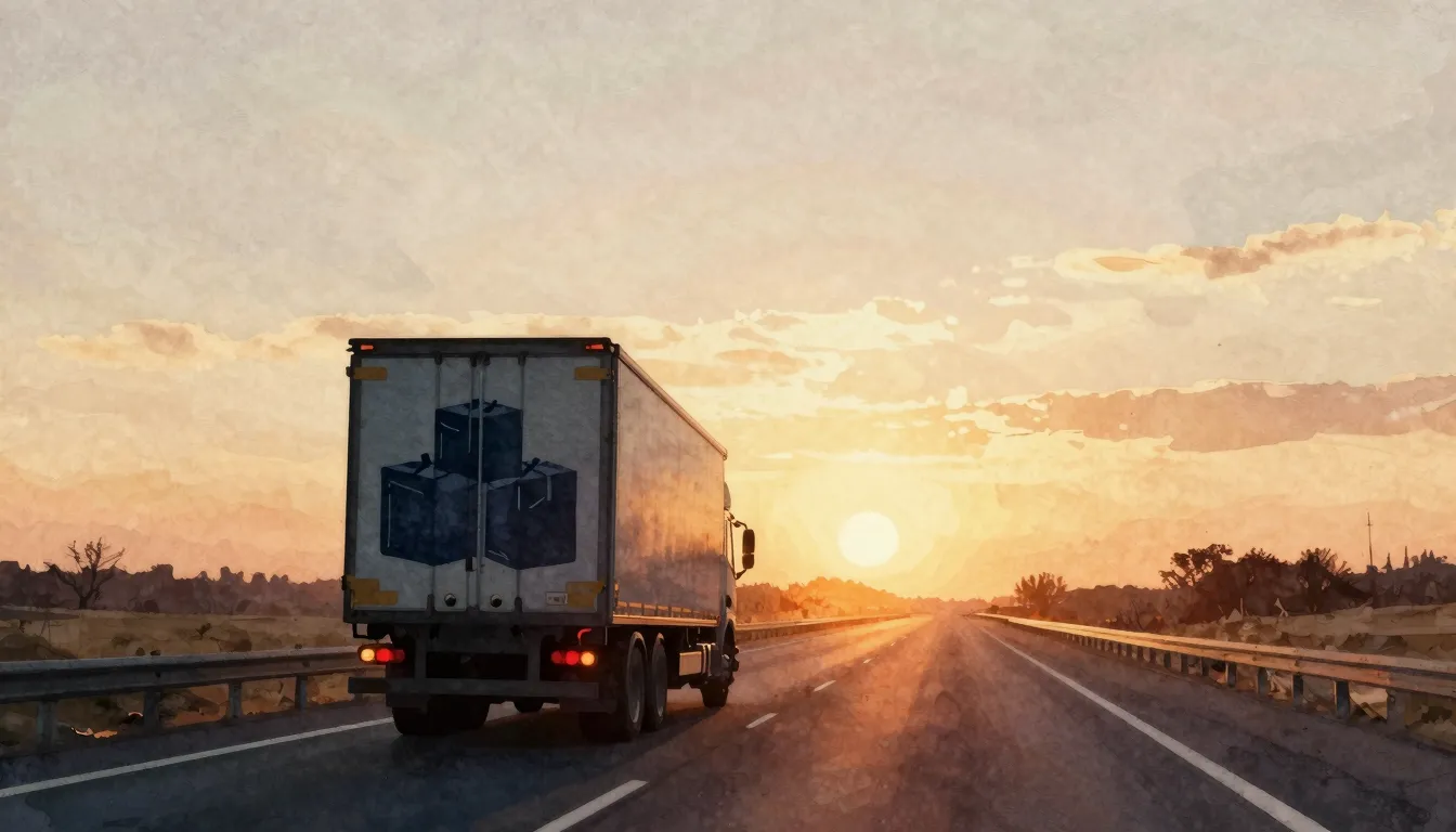 Watercolor style. A silhouette of a cargo truck driving on a...