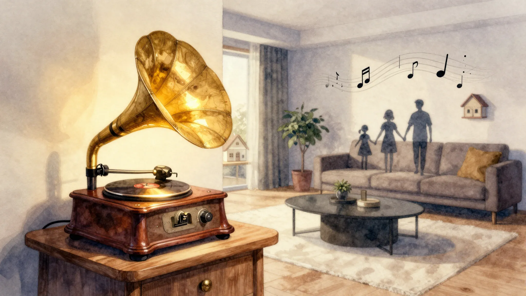 Watercolor style. A cozy modern living room with a glowing g...