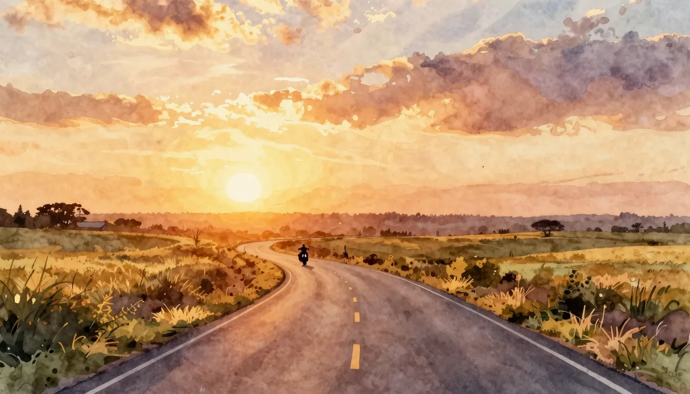 Watercolor style. A winding country road disappearing into a...