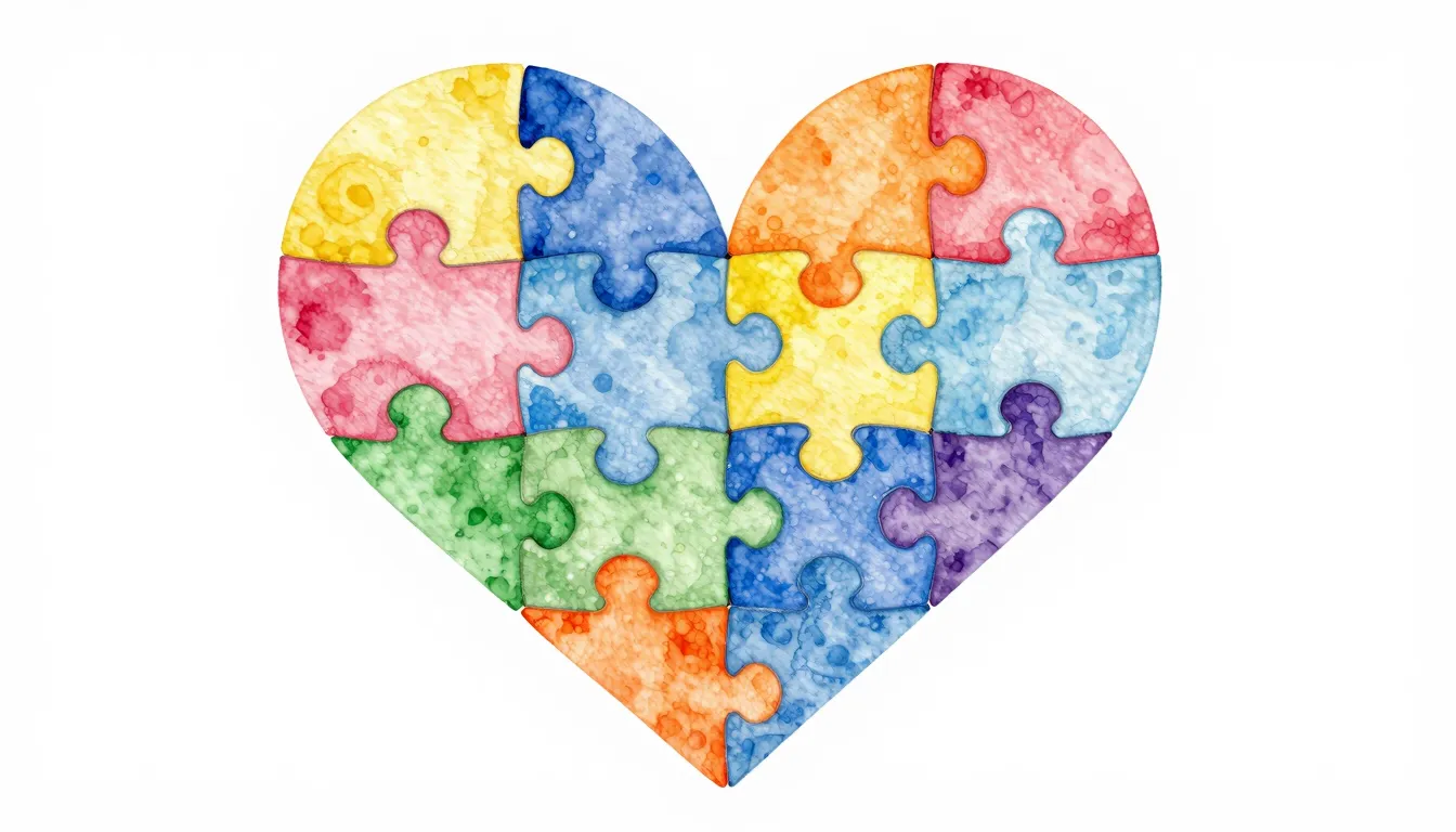 Watercolor style. Stylized colorful puzzle pieces fitting to...