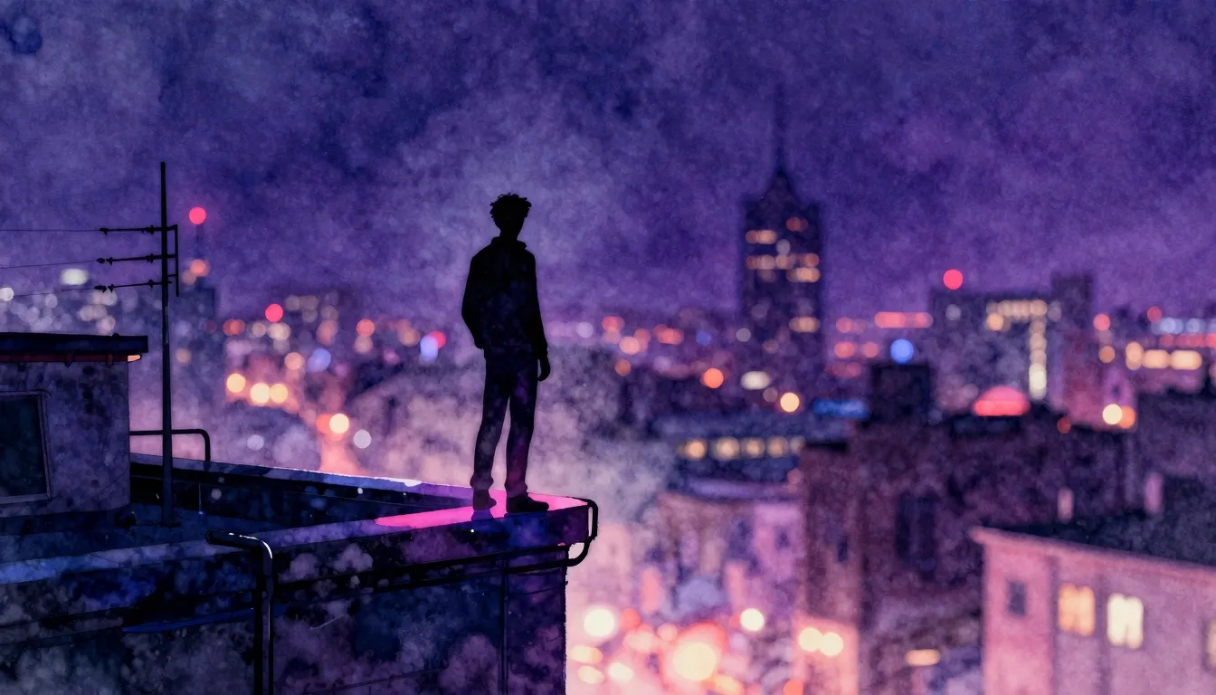 Watercolor style. A silhouette of a figure standing on the e...