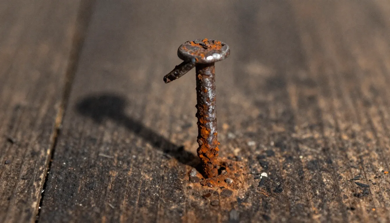 Watercolor style. A single rusty nail driven into a dark woo...